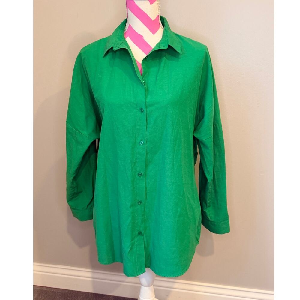 BIG DART Kelly Green Oversized Button Down Shirt Slouchy Blouse Women's Size 8